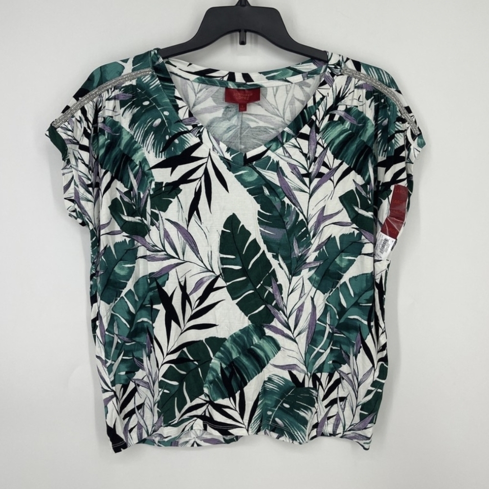 Jennifer Lopez Teal and Purple Leaf Print Blouse